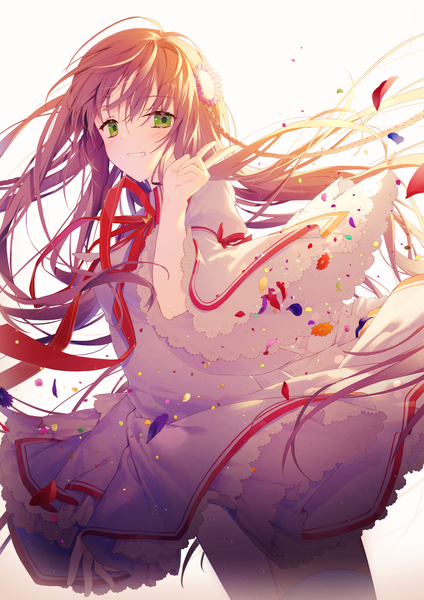Anime picture 1000x1415 with rewrite key (studio) kanbe kotori kuro futoshi single long hair tall image looking at viewer simple background smile brown hair white background green eyes wind grin victory girl dress petals