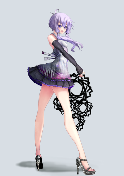 Anime picture 707x1000 with vocaloid yuzuki yukari single long hair tall image looking at viewer fringe breasts open mouth standing twintails purple eyes holding purple hair high heels legs low twintails back happy girl