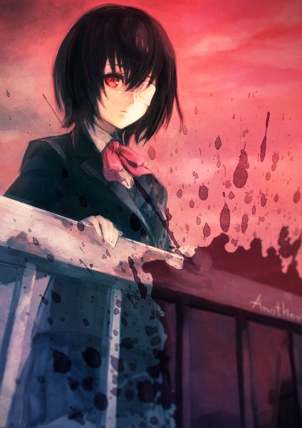 Anime picture 848x1200 with another p.a. works misaki mei yakinasu single tall image looking at viewer short hair black hair red eyes sky inscription red sky girl uniform bow school uniform bowtie blood eyepatch