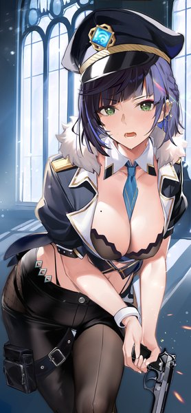 Anime picture 2894x6243 with genshin impact yelan (genshin impact) kikimi single tall image looking at viewer fringe highres short hair breasts light erotic large breasts standing holding green eyes blue hair blunt bangs mole midriff alternate costume