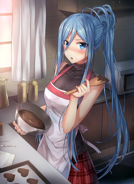 Anime-Bild 980x1338 mit aoki hagane no arpeggio takao (aoki hagane no arpeggio) luzi (coffee-straw-luzi) single long hair tall image looking at viewer blush open mouth blue eyes blue hair ponytail valentine cooking girl food sweets apron chocolate