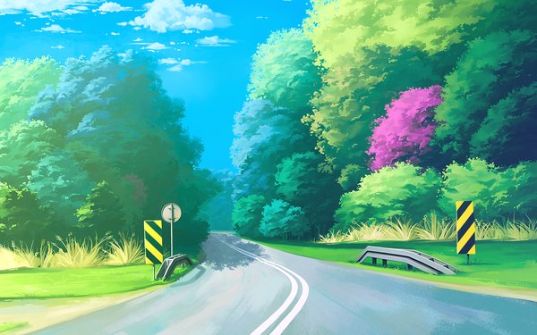 Anime picture 1680x1050 with original dzun sky cloud (clouds) shadow no people landscape plant (plants) tree (trees) grass road traffic sign