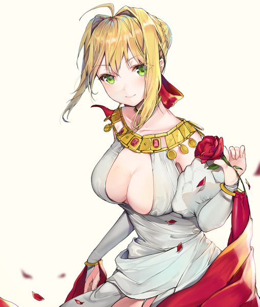 Anime picture 1436x1691 with fate (series) fate/extra fate/extra ccc nero claudius (fate) (all) nero claudius (fate) takitou single tall image looking at viewer blush fringe short hair breasts light erotic blonde hair simple background smile hair between eyes standing white background