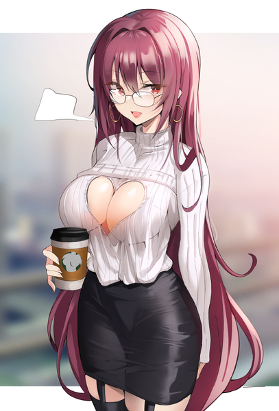 Anime picture 1300x1914 with fate (series) fate/grand order scathach (fate) (all) scathach (fate) k pring single long hair tall image looking at viewer fringe breasts open mouth light erotic hair between eyes red eyes large breasts standing payot red hair alternate costume