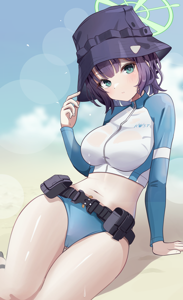 Anime picture 1972x3234 with blue archive saki (blue archive) saki (swimsuit) (blue archive) musson single tall image looking at viewer highres short hair light erotic purple hair outdoors aqua eyes arm support beach lens flare official alternate costume ass visible through thighs girl swimsuit