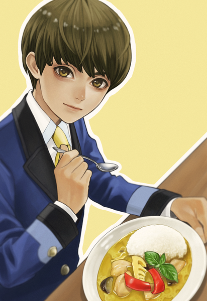 Anime picture 595x866 with danball senki danball senki wars roy chen fioletovyy single tall image looking at viewer fringe short hair simple background brown hair sitting holding green eyes upper body light smile yellow background boy food plate