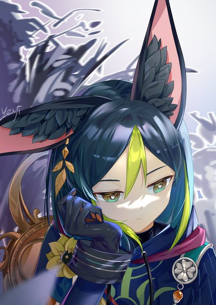 Anime picture 2480x3508 with genshin impact tighnari (genshin impact) yeyi (ukpw7828) single tall image highres short hair black hair signed animal ears looking away upper body multicolored hair aqua eyes arm support streaked hair boy gloves black gloves