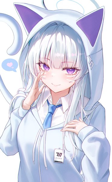 Anime picture 690x1116 with blue archive noa (blue archive) melt (melt out1) single long hair tall image looking at viewer fringe simple background white background purple eyes silver hair upper body tail blunt bangs animal tail cat tail animal hood drawn whiskers girl