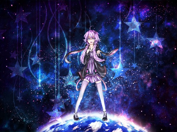 Anime picture 1600x1200 with vocaloid yuzuki yukari asakura berea single long hair open mouth twintails pink hair ahoge bunny ears low twintails space girl thighhighs dress hair ornament star (symbol) star (stars) hair tubes earth