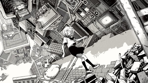 Anime picture 4096x2304 with original omao single looking at viewer highres short hair wide image looking away absurdres full body parted lips monochrome falling surreal girl navel uniform socks glasses serafuku