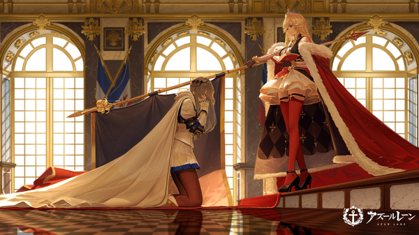 Anime picture 4685x2635 with azur lane saint-louis (azur lane) richelieu (azur lane) dishwasher1910 long hair fringe highres breasts blonde hair wide image standing multiple girls holding absurdres full body indoors eyes closed profile pleated skirt pink eyes