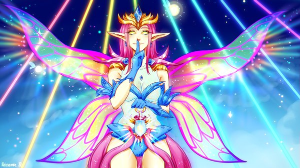 Anime picture 3840x2160 with terraria empress of light reinamie single long hair looking at viewer fringe highres light erotic smile wide image holding signed yellow eyes pink hair absurdres pointy ears night night sky finger to mouth