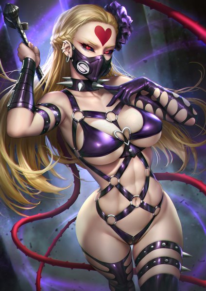 Anime picture 2480x3508 with one-punch man madhouse kaijin hime do-s nudtawut thongmai single long hair tall image looking at viewer highres breasts light erotic blonde hair red eyes large breasts standing braid (braids) realistic piercing underboob groin