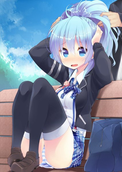 Anime picture 906x1280 with original nigo (aozoragarou) long hair tall image looking at viewer blush fringe open mouth blue eyes light erotic sitting blue hair sky cloud (clouds) ponytail pantyshot tears cameltoe leg lift (legs lift) upskirt