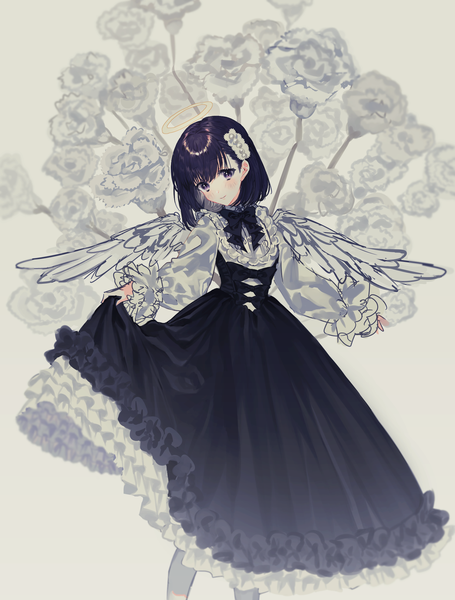 Anime picture 1500x1977 with original naomasap single tall image looking at viewer blush fringe short hair black hair simple background smile standing purple eyes head tilt angel wings dress lift white wings angel floral background fake wings