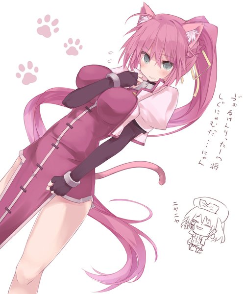 Anime picture 851x1021 with mahou shoujo lyrical nanoha signum shamal minchi (lordofthemince) single long hair tall image looking at viewer blush breasts simple background large breasts white background animal ears pink hair ponytail tail animal tail cat ears inscription