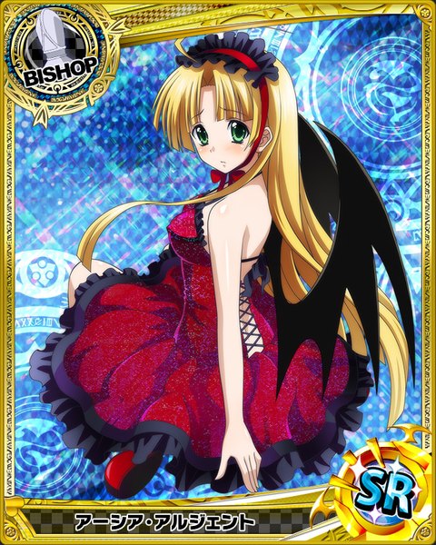 Anime picture 640x800 with highschool dxd asia argento single long hair tall image looking at viewer blush blonde hair bare shoulders green eyes card (medium) girl dress wings headdress lolita hairband