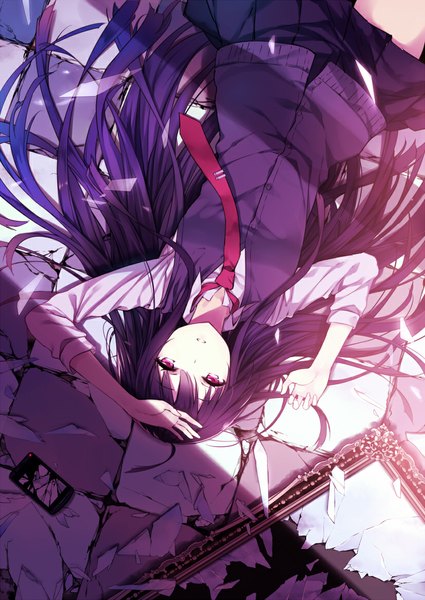 Anime picture 827x1168 with original mogumo single long hair tall image looking at viewer black hair purple eyes lying girl skirt uniform school uniform necktie phone