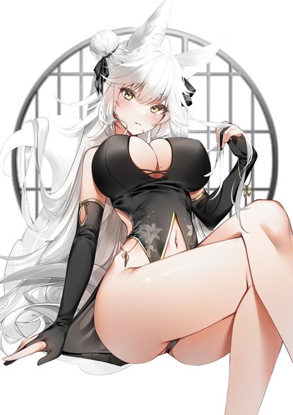 Anime picture 1765x2500 with original yukineko1018 single long hair tall image looking at viewer blush fringe highres breasts light erotic simple background hair between eyes large breasts white background sitting animal ears yellow eyes silver hair tail