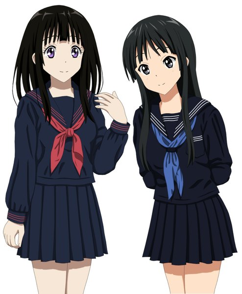 Anime picture 824x1000 with k-on! hyouka kyoto animation akiyama mio chitanda eru cp9a long hair tall image looking at viewer black hair simple background white background purple eyes multiple girls crossover girl skirt uniform 2 girls serafuku