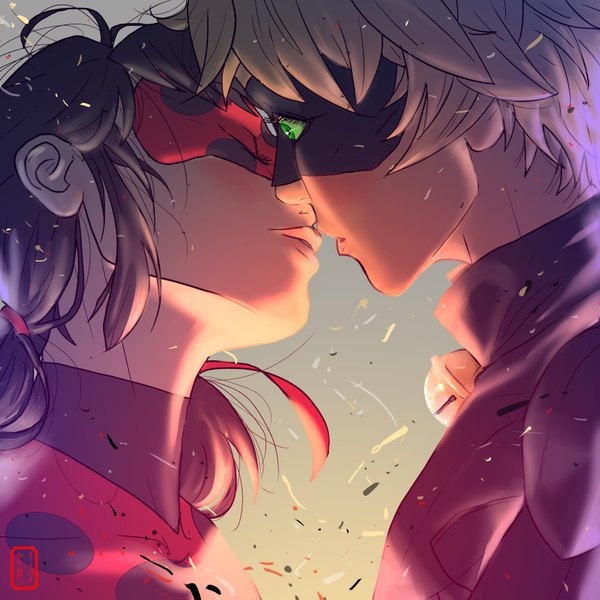 Anime picture 7087x7087 with miraculous ladybug marinette cheng adrien agreste ladybug (character) chat noir invisibleninja12 long hair blush highres short hair black hair twintails green eyes signed absurdres eyes closed parted lips grey hair couple low twintails