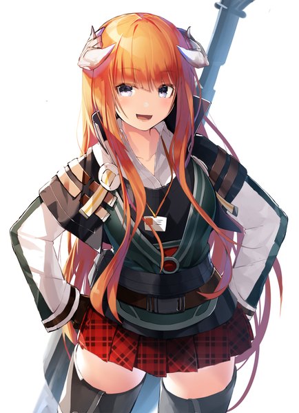 Anime picture 1000x1381 with arknights bagpipe (arknights) meth (emethmeth) single long hair tall image looking at viewer open mouth simple background standing white background :d pleated skirt horn (horns) orange hair grey eyes zettai ryouiki plaid skirt hands on hips girl
