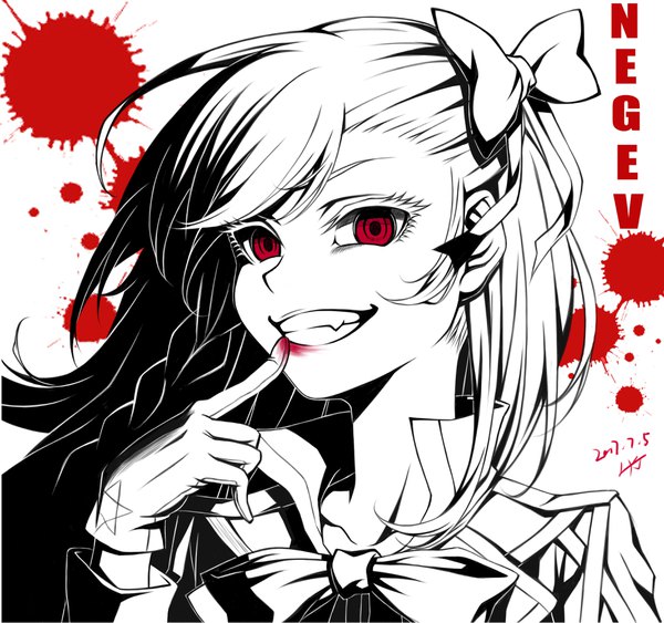 Anime picture 3736x3508 with girls frontline negev (girls' frontline) zui ai shuang mawei single long hair looking at viewer fringe highres simple background smile red eyes signed payot absurdres upper body braid (braids) fang (fangs) character names finger to mouth dated