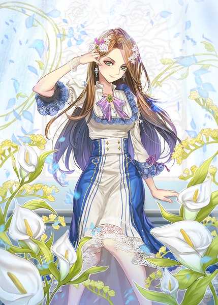 Anime picture 650x908 with original kankito single long hair tall image looking at viewer blush brown hair sitting green eyes arm up light smile arm support adjusting hair girl skirt hair ornament flower (flowers) ribbon (ribbons) earrings