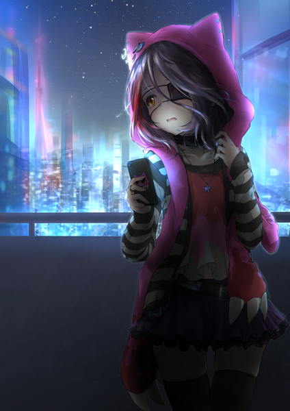 Anime picture 1061x1500 with idolmaster idolmaster cinderella girls hayasaka mirei shimono (utapre) single tall image fringe short hair open mouth hair between eyes standing brown eyes animal ears looking away purple hair outdoors pleated skirt cat ears night open jacket