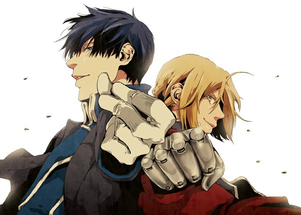 Anime picture 1000x716 with fullmetal alchemist studio bones edward elric roy mustang short hair black hair simple background blonde hair smile white background yellow eyes multiple boys mechanical parts boy gloves 2 boys fist
