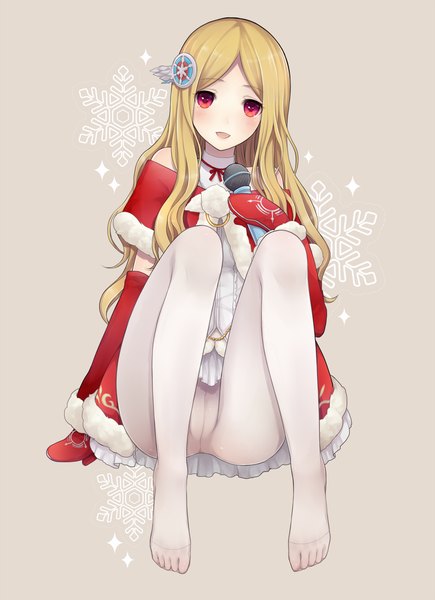 Anime picture 1088x1500 with original hinaame single long hair tall image blush open mouth light erotic blonde hair red eyes sitting grey background legs girl dress hair ornament pantyhose snowflake hair ornament