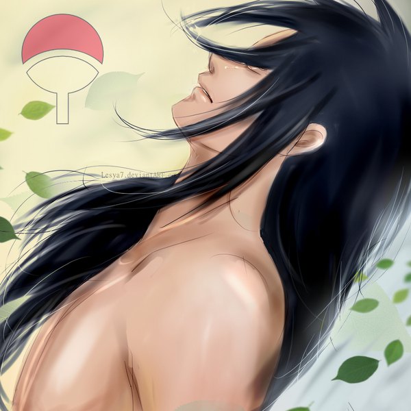 Anime picture 900x900 with naruto studio pierrot naruto (series) uchiha madara lesya7 single long hair black hair signed upper body eyes closed parted lips profile floating hair portrait topless green background logo boy leaf (leaves)