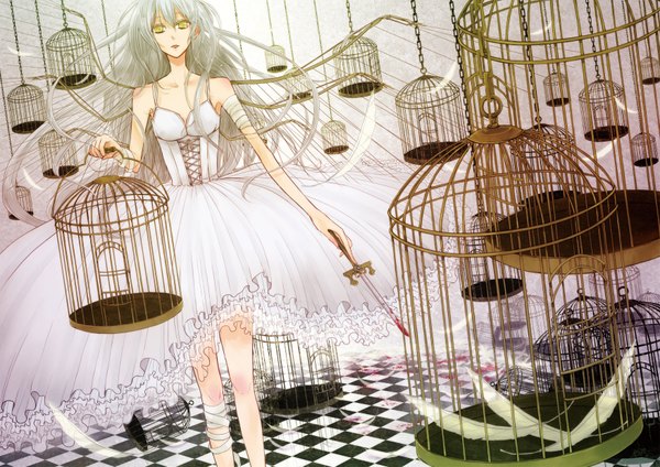 Anime picture 1754x1240 with shoku niwatori single long hair highres yellow eyes grey hair checkered floor girl dress weapon wings white dress blood feather (feathers) bandage (bandages) knife cage