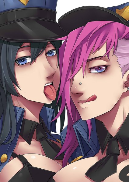 Anime picture 1273x1800 with league of legends caitlyn (league of legends) vi (league of legends) officer caitlyn exaxuxer long hair tall image short hair blue eyes black hair multiple girls pink hair girl uniform 2 girls necktie tongue police uniform