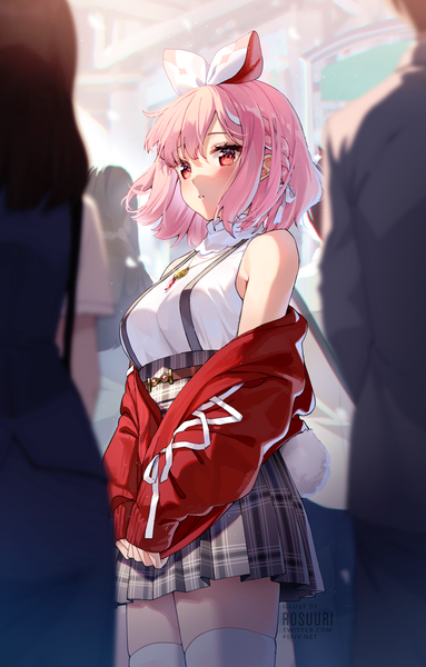Anime picture 1000x1565 with virtual youtuber atelier live pinku (vtuber) rosuuri tall image looking at viewer blush fringe short hair breasts red eyes standing bare shoulders signed pink hair braid (braids) long sleeves parted lips pleated skirt off shoulder