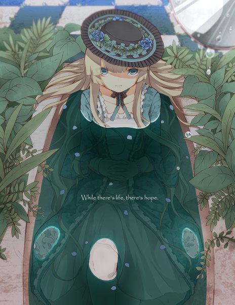Anime picture 1000x1293 with original hattori (junoct2000) single long hair tall image looking at viewer blue eyes blonde hair girl dress flower (flowers) plant (plants) hat petals bath