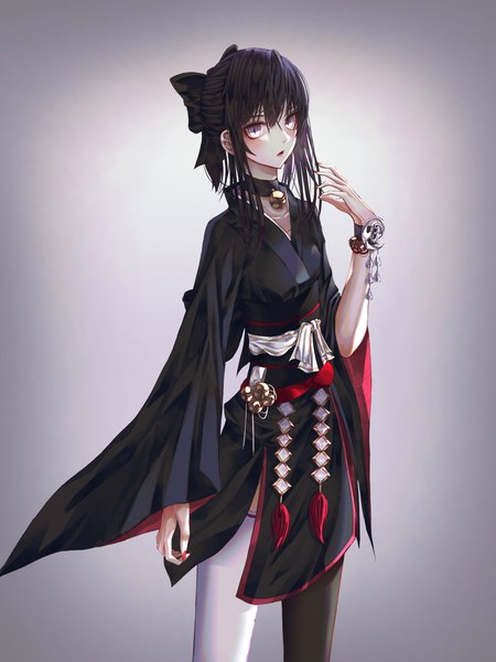 Anime picture 3000x4000 with original domi (hyaku8795) single tall image looking at viewer fringe highres short hair open mouth black hair simple background hair between eyes payot nail polish traditional clothes japanese clothes fingernails grey background wide sleeves slit pupils