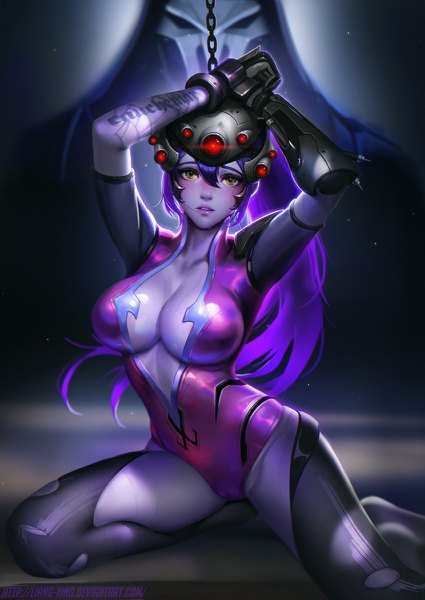 Anime-Bild 850x1200 mit overwatch blizzard entertainment widowmaker (overwatch) reaper (overwatch) liang xing long hair tall image looking at viewer blush fringe breasts light erotic hair between eyes large breasts yellow eyes cleavage purple hair bent knee (knees) ponytail parted lips