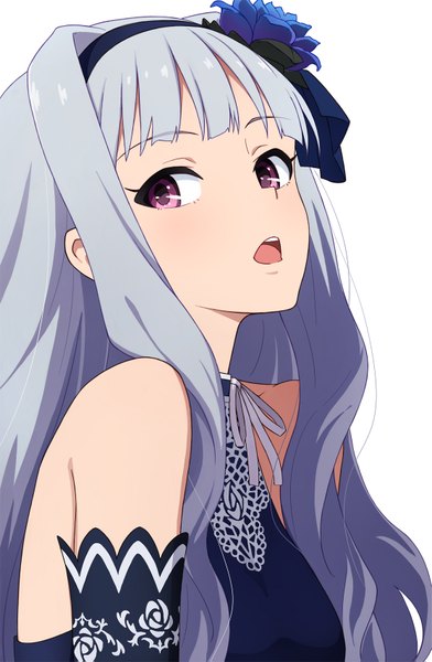 Anime picture 1113x1703 with idolmaster shijou takane yahiro (epicopeiidae) single long hair tall image fringe open mouth simple background white background purple eyes bare shoulders looking away hair flower grey hair portrait girl gloves hair ornament flower (flowers)