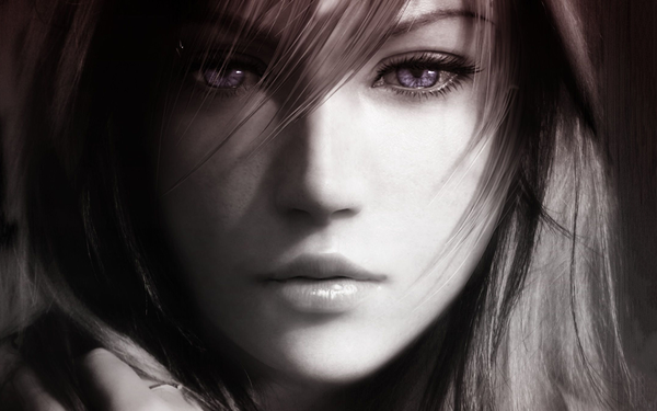Anime picture 1920x1200 with final fantasy final fantasy xiii square enix lightning farron single long hair looking at viewer blush highres purple eyes game cg lips realistic lipstick monochrome portrait close-up face girl