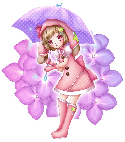 Anime picture 1000x1137 with original shitou single tall image short hair open mouth simple background red eyes brown hair white background girl dress gloves flower (flowers) thigh boots umbrella