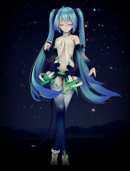 Anime picture 1180x1550 with vocaloid vocaloid append hatsune miku hatsune miku (append) yunagi (ektyr y) single long hair tall image smile twintails bare shoulders barefoot aqua hair night night sky dark background mountain mikumikudance girl navel