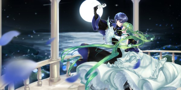Anime picture 2964x1489 with vocaloid cantarella (vocaloid) hatsune miku kaito (vocaloid) doblemjwn fringe highres short hair blue eyes hair between eyes wide image twintails holding payot blue hair very long hair arm up hair flower green hair blurry
