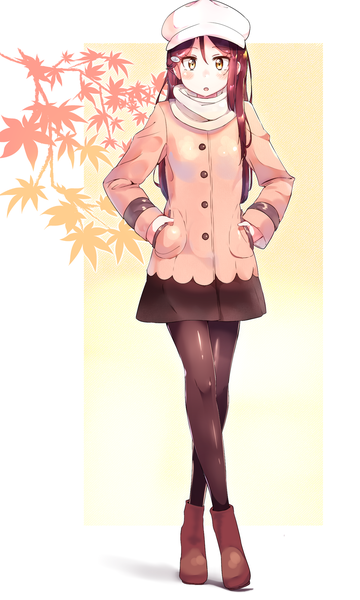 Anime picture 1361x2265 with love live! sunshine!! sunrise (studio) love live! sakurauchi riko popii (yuuta679) single long hair tall image looking at viewer blush standing yellow eyes full body red hair hands in pockets crossed legs (standing) girl hat pantyhose shoes