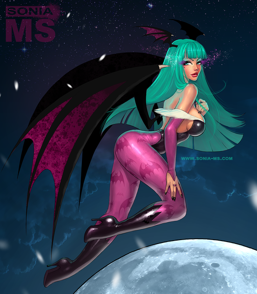 Anime picture 1000x1144 with vampire / darkstalkers (game) capcom morrigan aensland msonia single long hair tall image looking at viewer breasts light erotic bare shoulders green eyes cloud (clouds) nail polish green hair lipstick demon girl flying demon wings head wings
