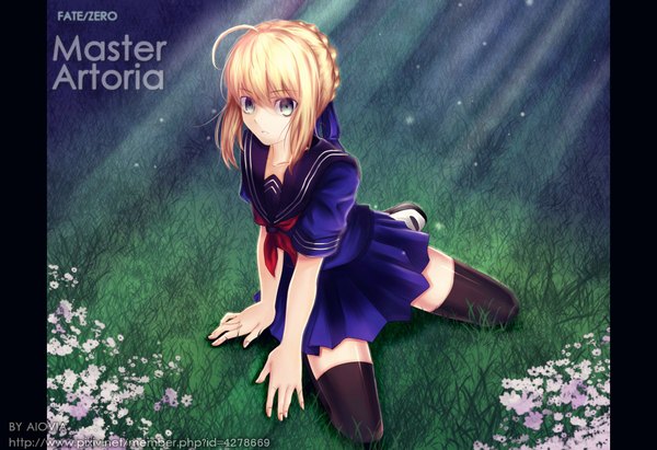 Anime picture 2100x1440 with fate (series) fate/stay night studio deen type-moon artoria pendragon (all) saber aiovia single long hair looking at viewer highres blonde hair green eyes copyright name girl thighhighs skirt flower (flowers) black thighhighs plant (plants)