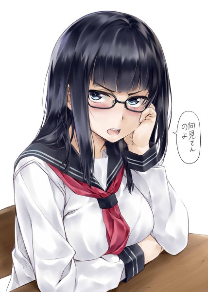 Anime picture 856x1200 with original nagayori single long hair tall image looking at viewer blush fringe breasts open mouth black hair simple background sitting upper body black eyes head rest girl uniform glasses serafuku
