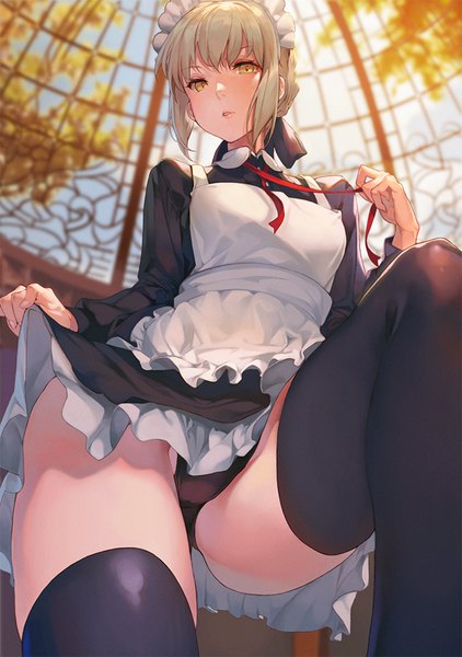 Anime picture 704x1000 with fate (series) fate/grand order fate/stay night artoria pendragon (all) saber alter oneko single tall image looking at viewer fringe short hair light erotic blonde hair standing holding yellow eyes payot bent knee (knees) indoors parted lips