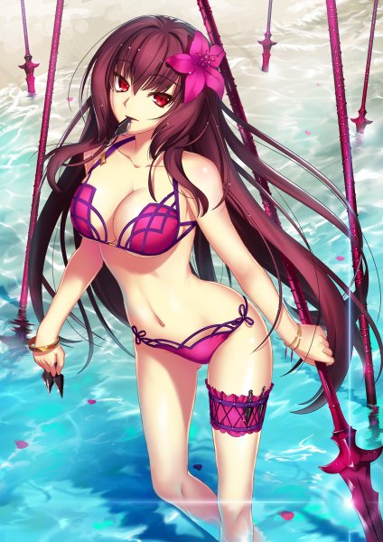 Anime picture 848x1200 with fate (series) fate/grand order scathach (fate) (all) scathach (swimsuit assassin) (fate) yoshida takuma single long hair tall image looking at viewer breasts light erotic red eyes cleavage purple hair hair flower girl navel flower (flowers) weapon