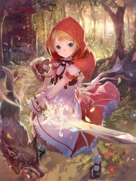Anime picture 900x1200 with little red riding hood little red riding hood (character) big bad wolf shouin tall image looking at viewer short hair blue eyes blonde hair magic fantasy girl dress flower (flowers) weapon plant (plants) animal petals sword tree (trees)